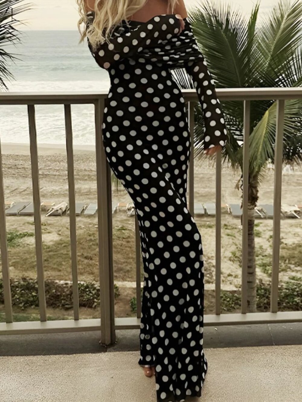 Long Sleeve Off-Shoulder Polka Dot Print Long Dress - Picture 7 of 7